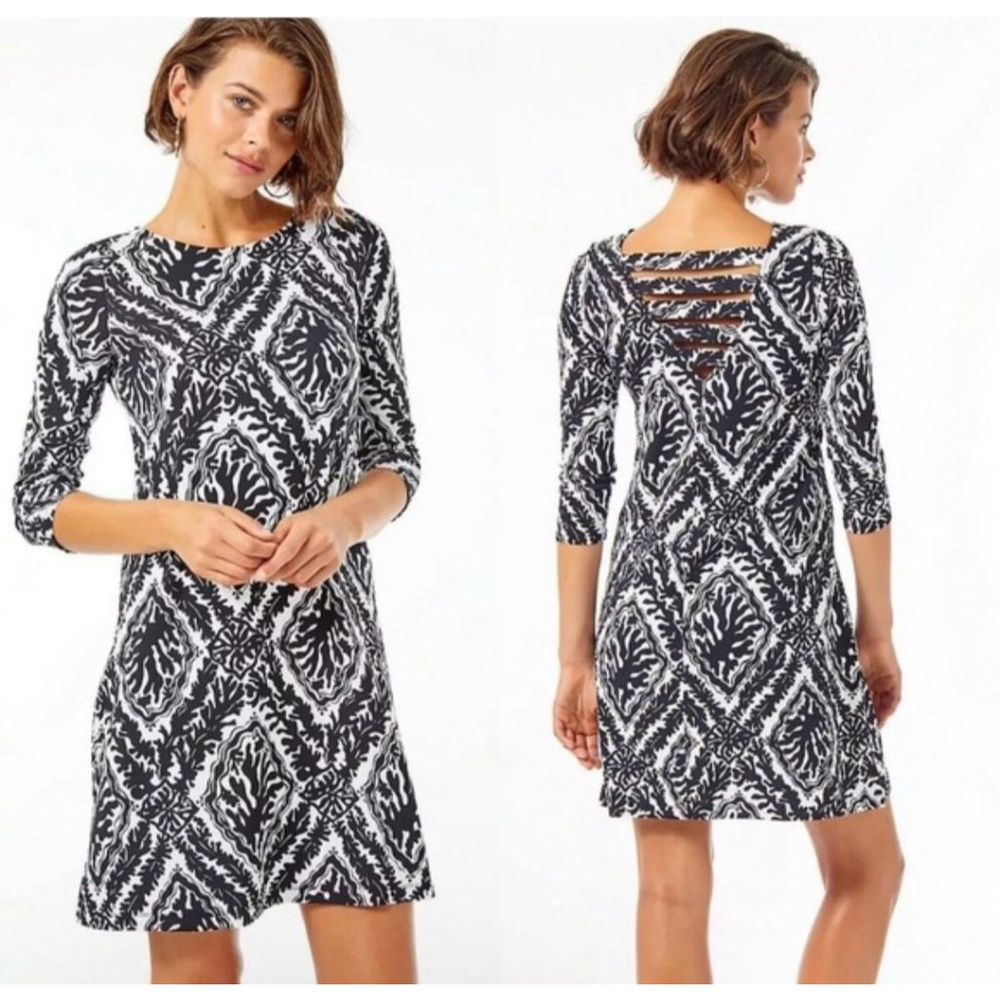 LILLY PULITZER Ophelia Black White 3/4 Sleeve Swing Dress M